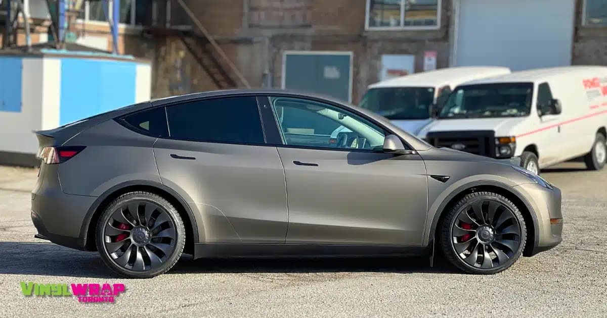 Tesla Model Y colour-change wrap in matte metallic charcoal