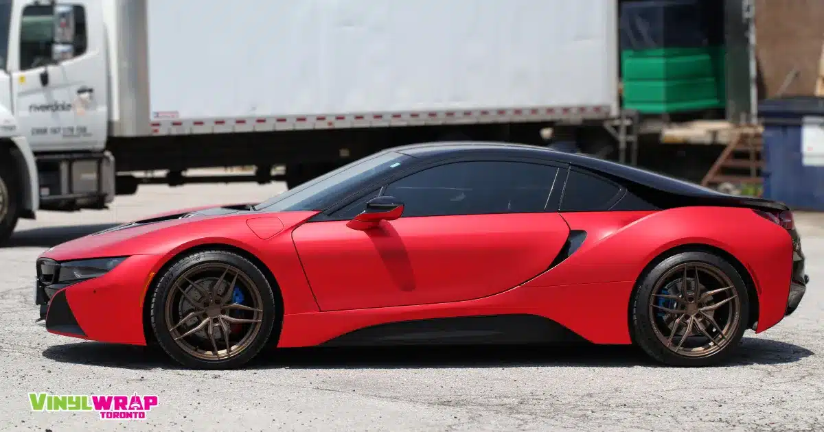 BMW i8 wrapped in satin chrome red by Vinyl Wrap Toronto